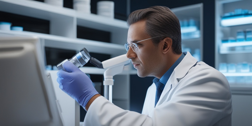 Healthcare professional examining blood sample under microscope in a laboratory setting with subtle blue tone.