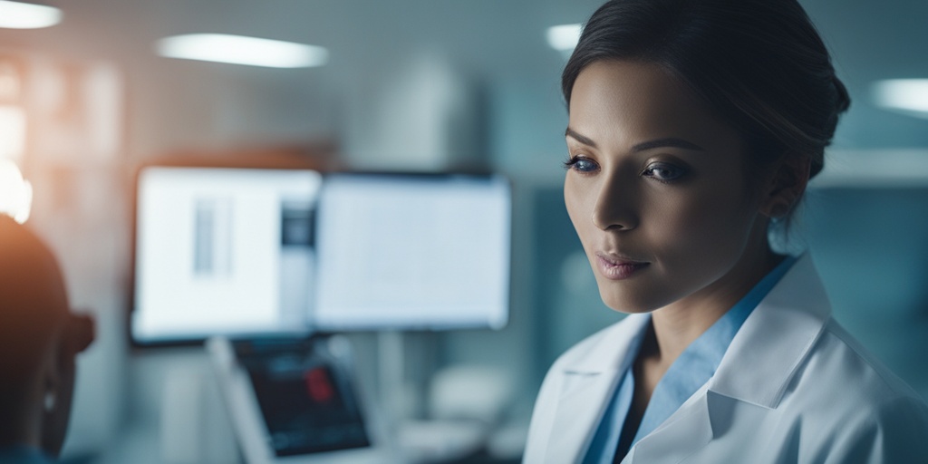 Healthcare professional examining patient in modern hospital setting with medical charts and test results in background.