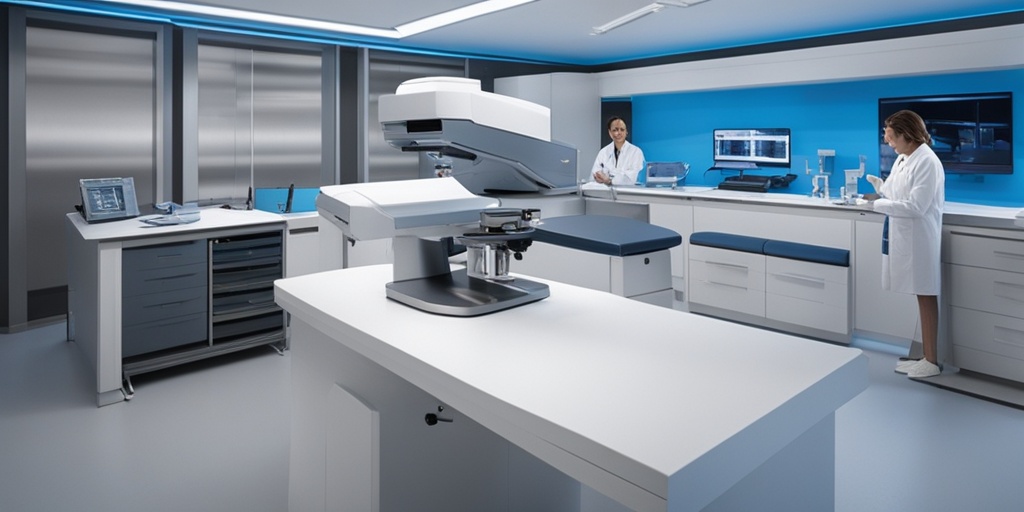 Healthcare professional examining patient's bone marrow biopsy or blood test results in modern laboratory setting with medical equipment.