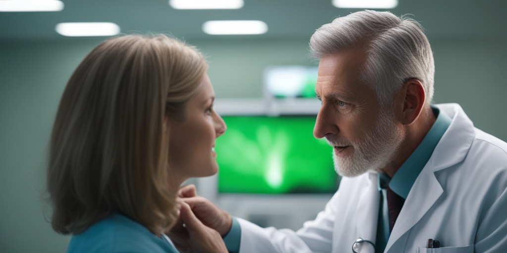 Healthcare professional examining patient's mouth for signs of Mucous Membrane Pemphigoid with gentle and caring demeanor.