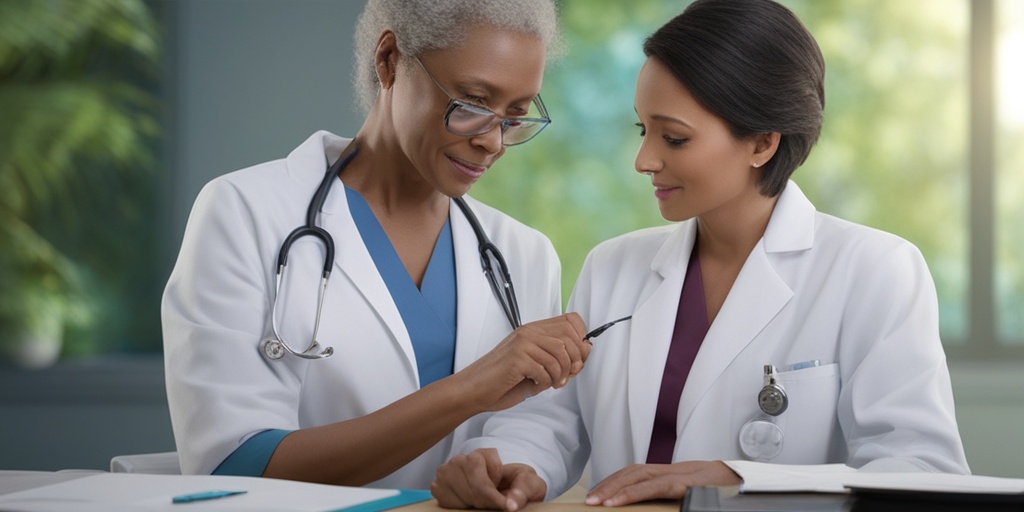 Healthcare professional examining patient's skin lesions and discussing treatment options on a green background conveying hope.