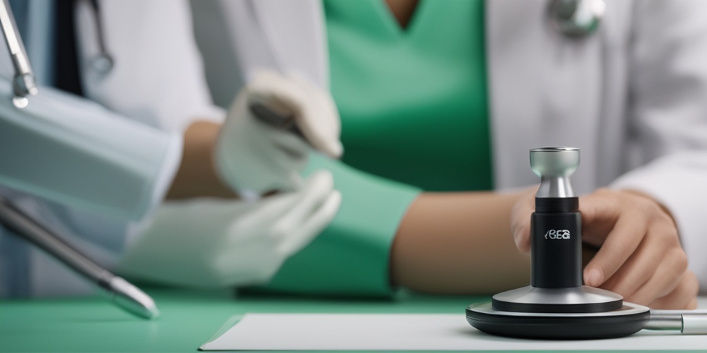 Healthcare professional examining patient's skin with a dermatoscope, set against a calming green background.