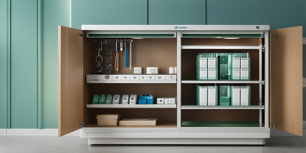 Healthcare professional selecting vascular access device from storage cabinet with soft natural light and muted blue background.