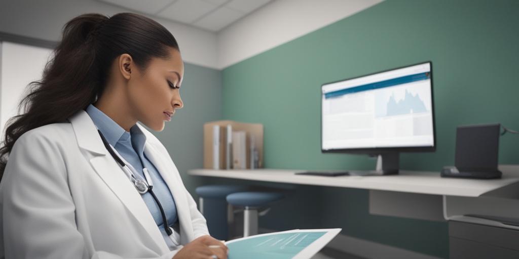 Healthcare provider explaining obstetric panel results to a pregnant woman in a doctor's office.