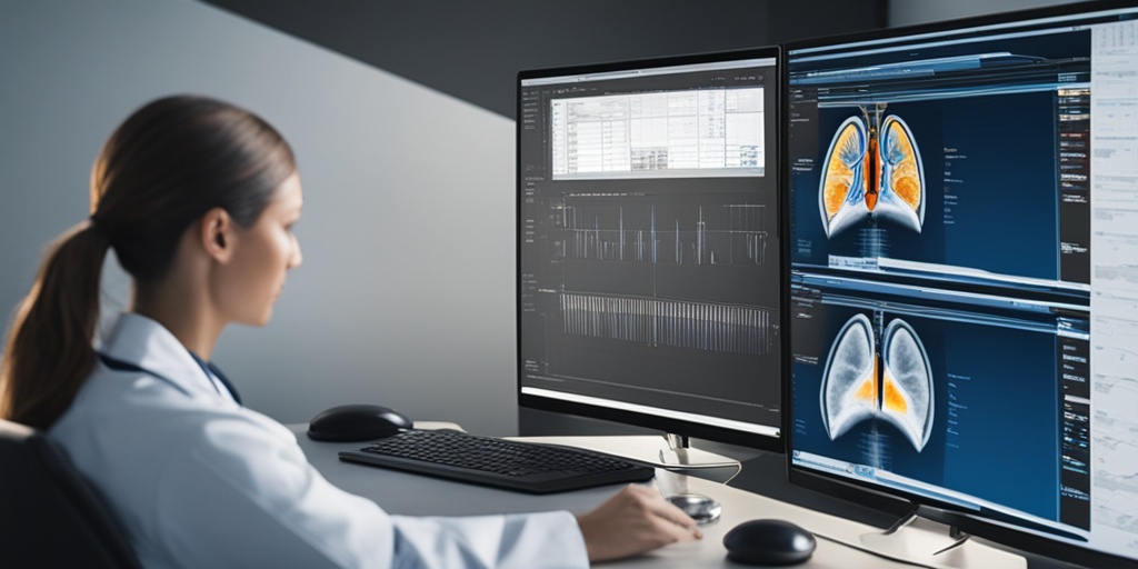 Healthcare provider interpreting PET scan results, sitting in front of computer screen with 3D rendered image.