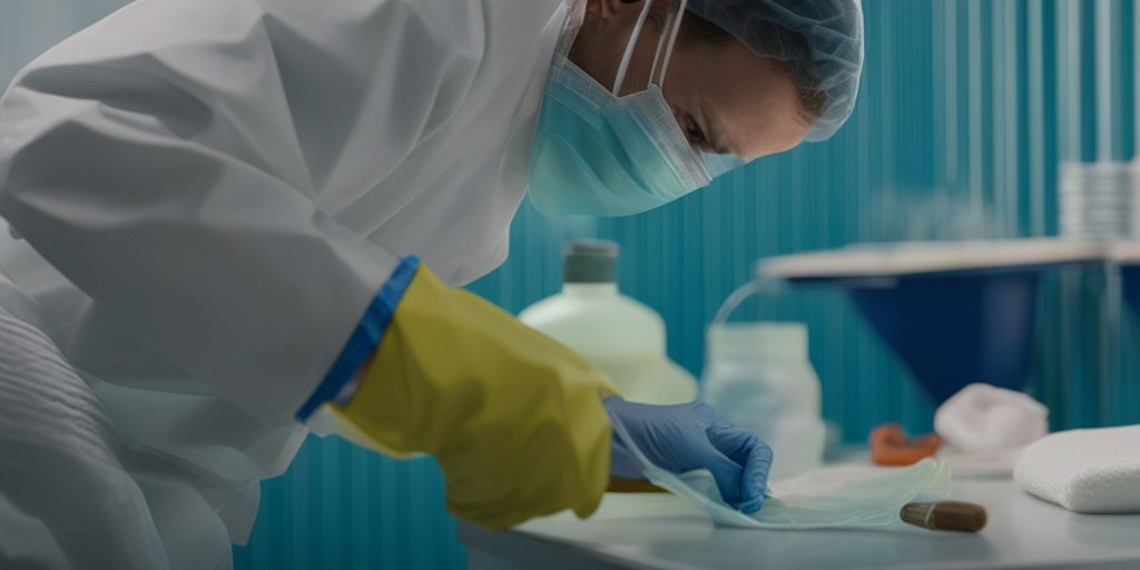 Healthcare worker handling infected tissue with PPE in sterile medical setting with subtle blue background