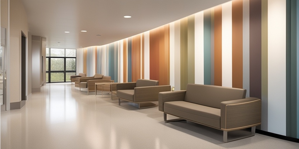 Hospital corridor with patients and healthcare professionals interacting in a calming environment.