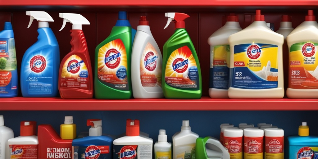 Household cleaning products shelf with warning labels and safety precautions highlighted, concerned parent reading label.