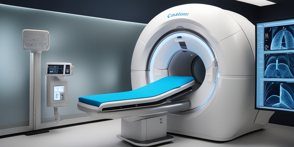 Innovative medical imaging technology depicted through a CT scanner or MRI machine with a 3D rendered model of the colon in the foreground.