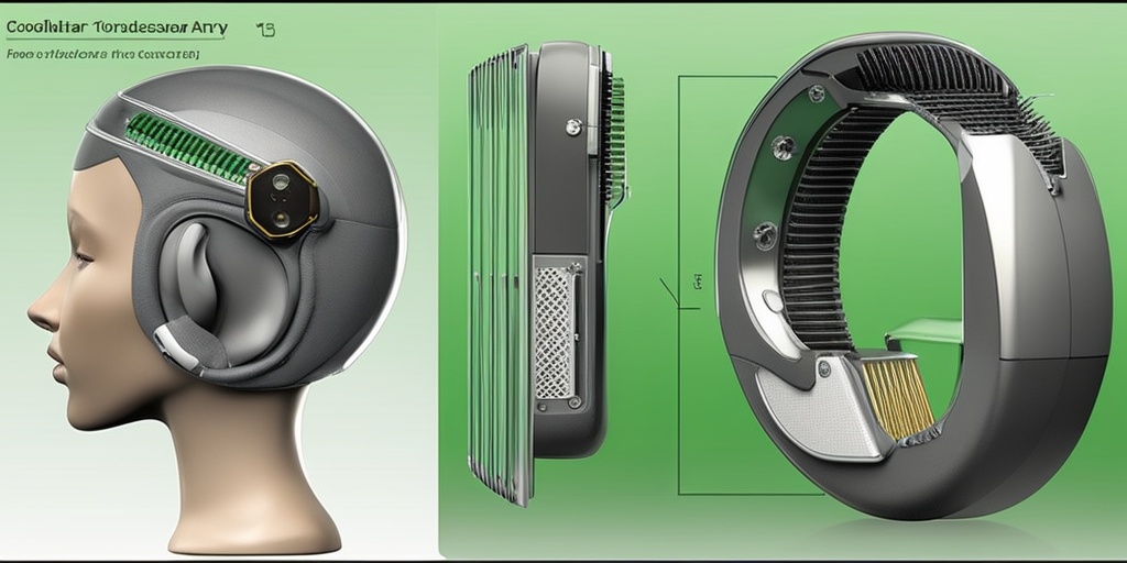 Intricate details of cochlear implant's inner workings on a green background.