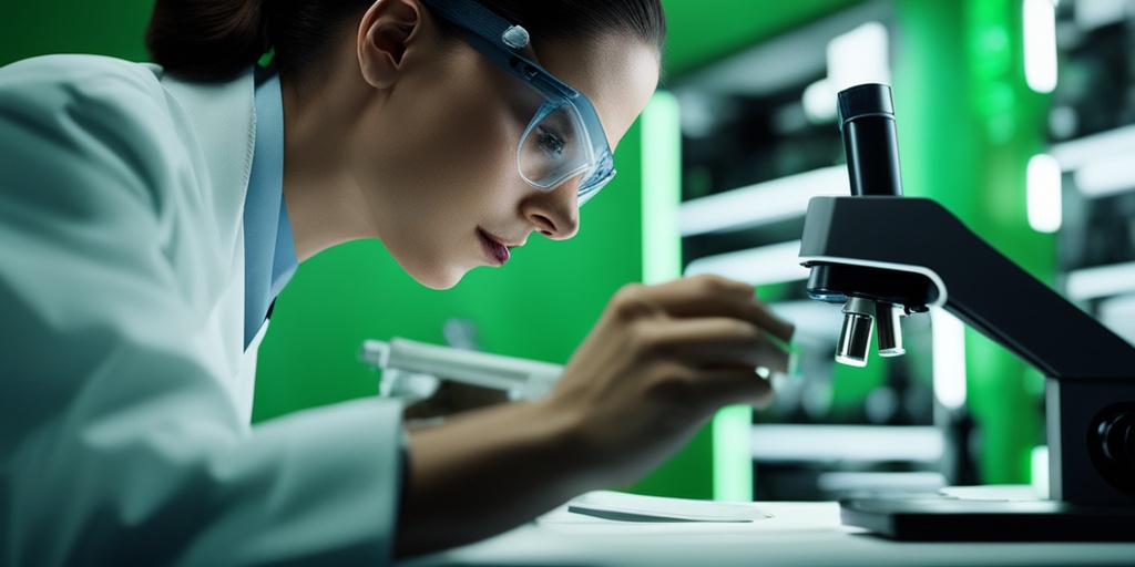 Laboratory technician reviewing blood sample under a microscope with subtle blue glow.