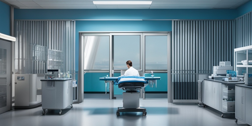 Medical professional administers vaccine to patient in sterile laboratory with calming blue tone.