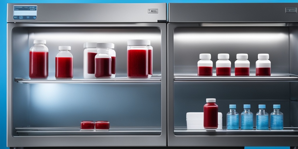 Medical professional stands in front of glass-enclosed refrigerator with various blood products stored inside.