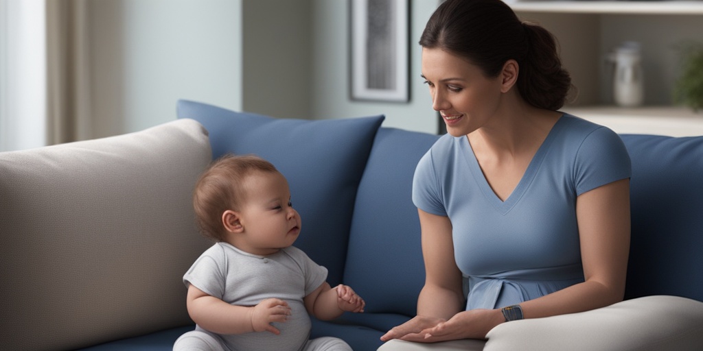 Mother sits on couch, concerned, with fussy baby, while calm partner or consultant offers guidance, conveying empathy and understanding.