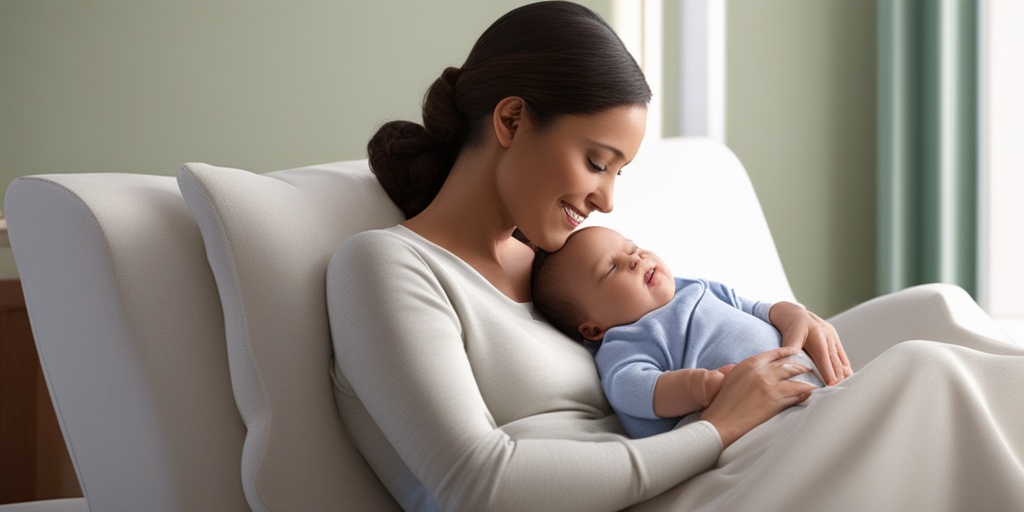 New mother receives postpartum care, surrounded by soothing creamy white background and nurturing atmosphere.