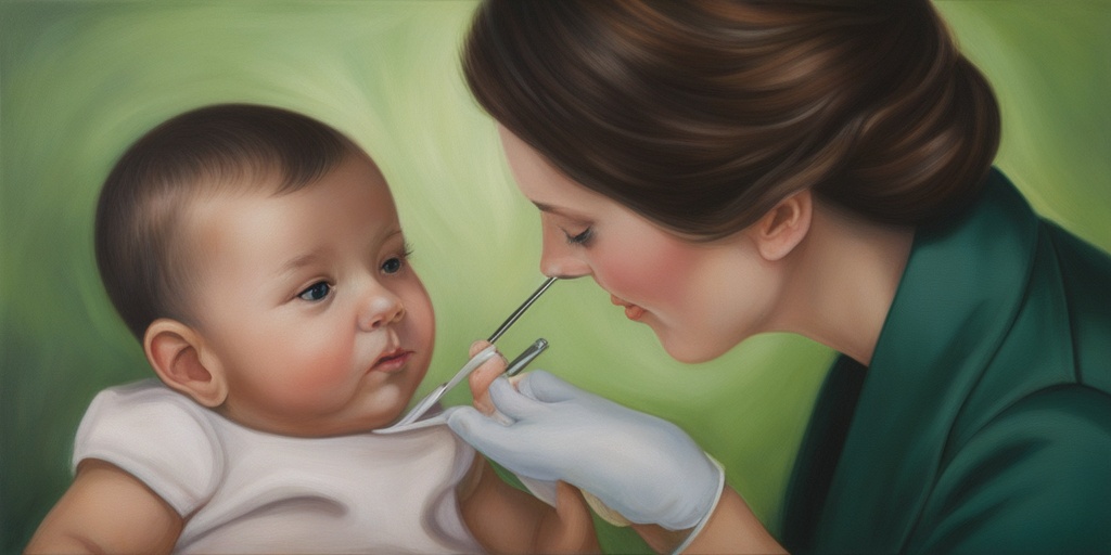 Ophthalmologist examining infant's eyes with ophthalmoscope, with soft green and creamy white tones.