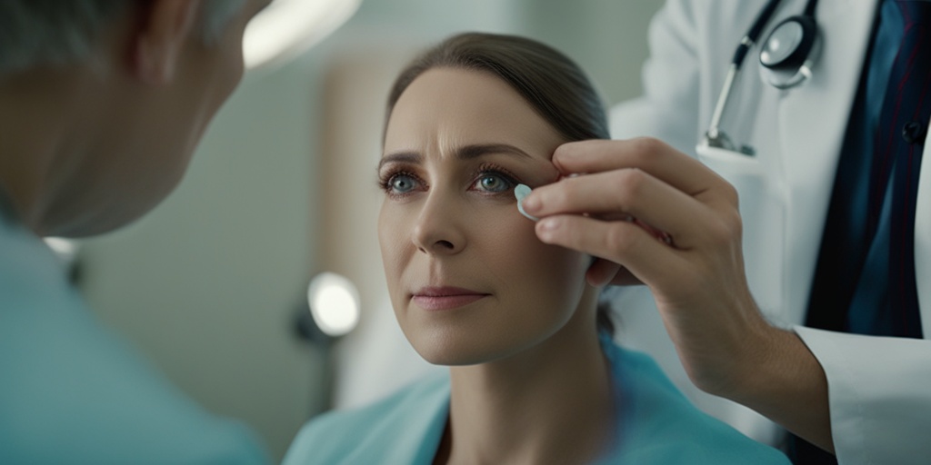 Ophthalmologist examining patient's eye with ectropion, showing concern and care.