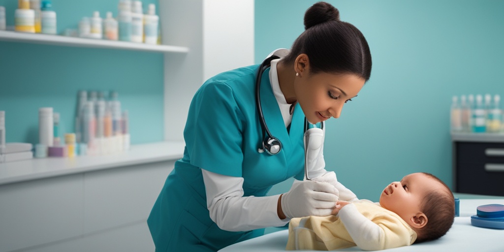 Pediatrician examining 6-month-old baby on examination table, highlighting importance of accurate diagnosis in SMA Type I.