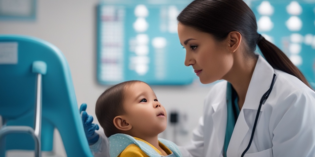 Pediatrician examining a child in a hospital setting with a blue background, using diagnostic tools and equipment.