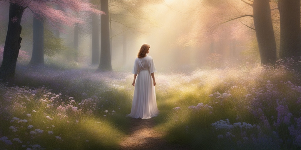 Person emerging from a dark forest into a bright meadow, conveying hope and renewal, with a subtle smile and open arms, surrounded by symbolic objects of growth and transformation.