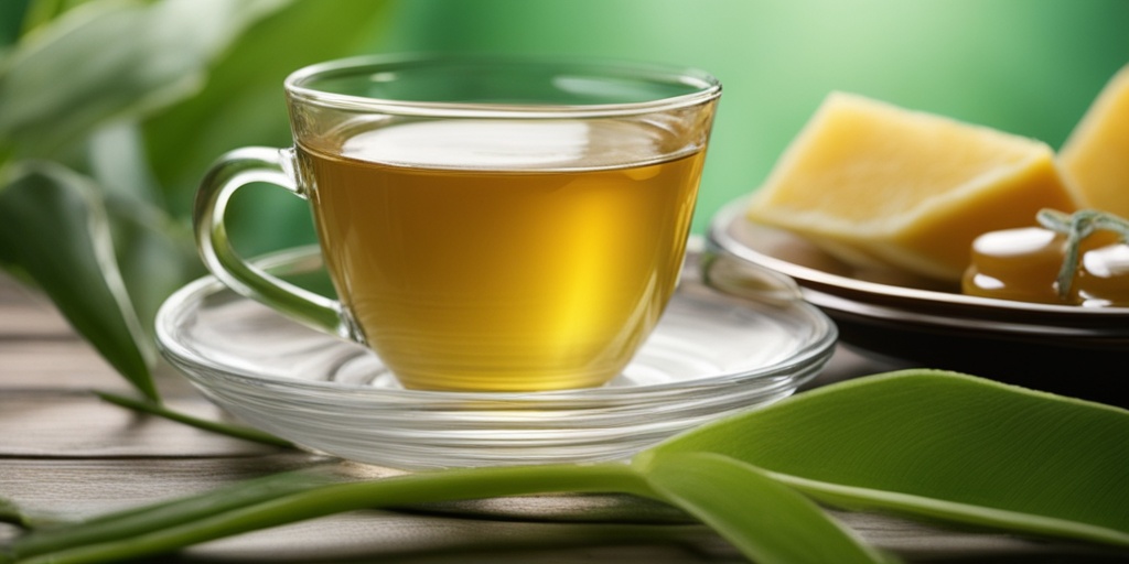 Person holding glass of aloe vera juice with tongue scraper and honey nearby, conveying relief.