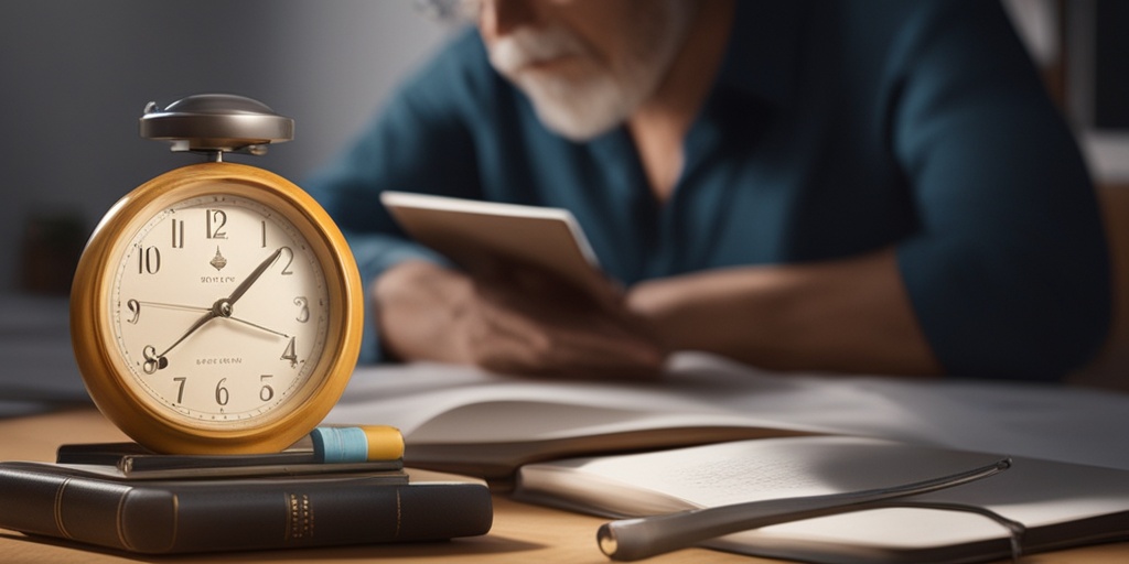 Person in 40s sitting at desk with blurred book, water bottle, and clock, depicting common symptoms of Type 2 Diabetes.