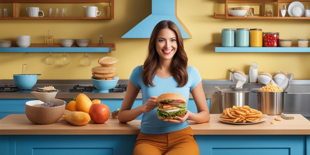 Person in kitchen surrounded by unhealthy snacks and oversized portions highlights common mistakes to avoid on a moderate diet.