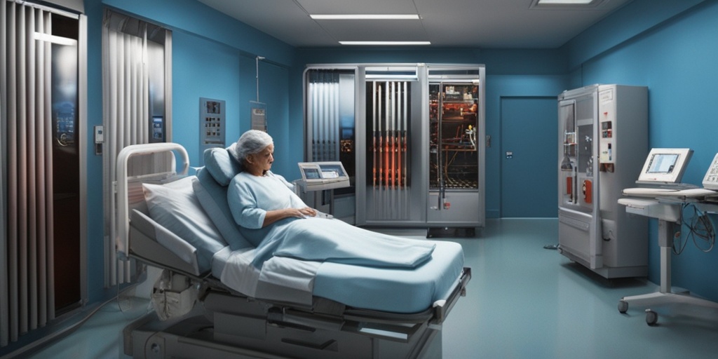 Person lies in ICU bed, surrounded by life-support machines and medical staff, with subtle blue background.