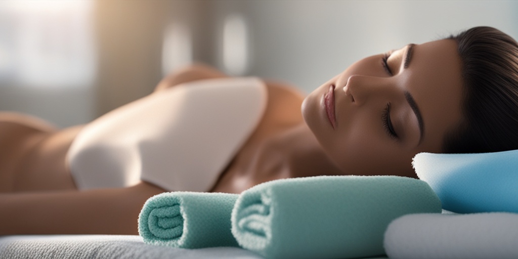 Person lies on massage table with ice pack on lower back, surrounded by calming blues and greens, radiating relaxation.