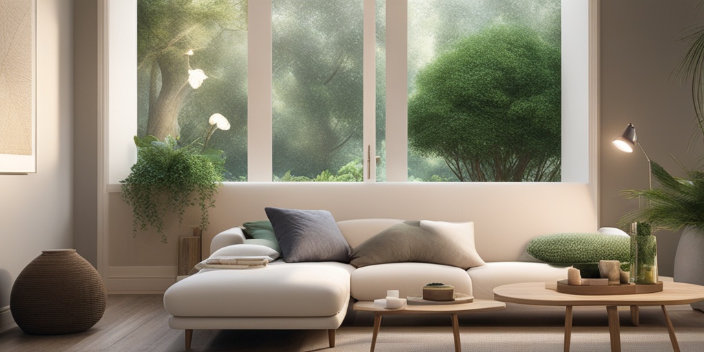 Person lying on a couch surrounded by calming objects and peaceful landscape.