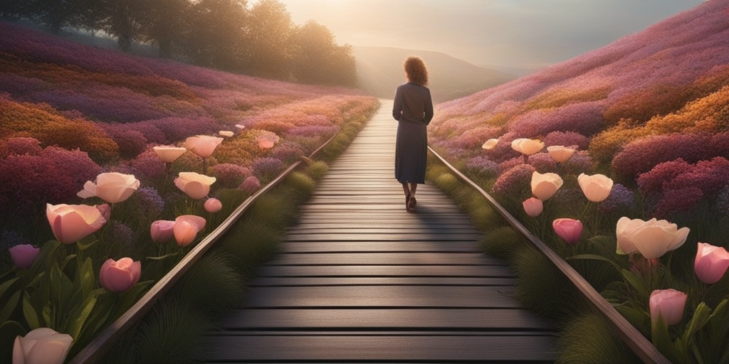 Person navigating through a winding path, lined with symbolic objects, representing the different stages of grief, from shock to acceptance and healing.