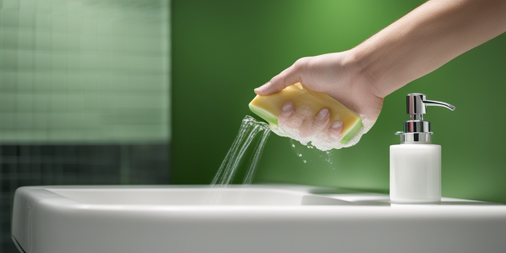 Person practicing good hygiene for their uncircumcised penis in a modern bathroom.