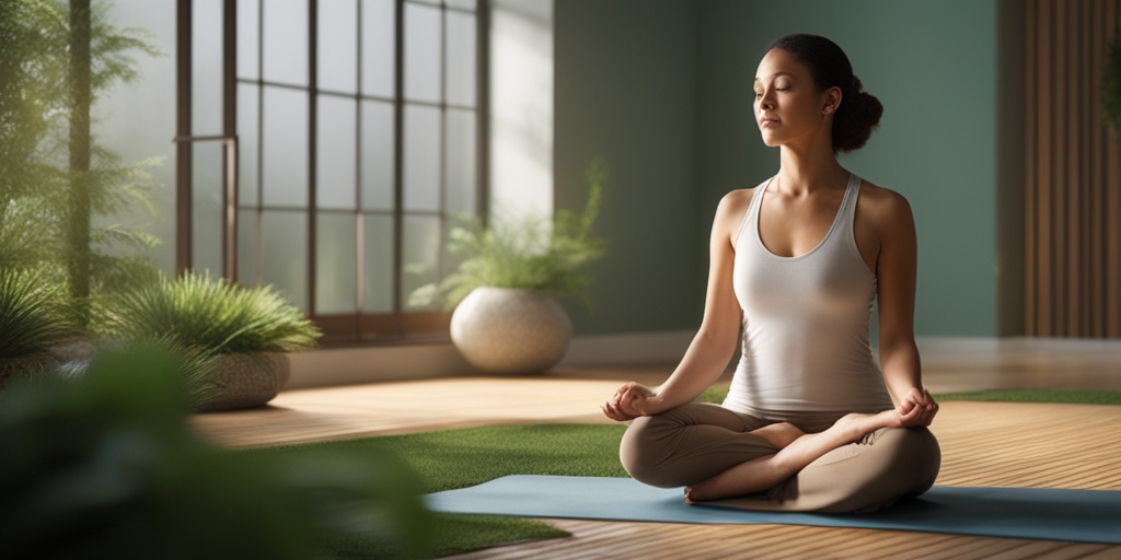 Person practicing yoga or meditation in serene environment with subtle green background.