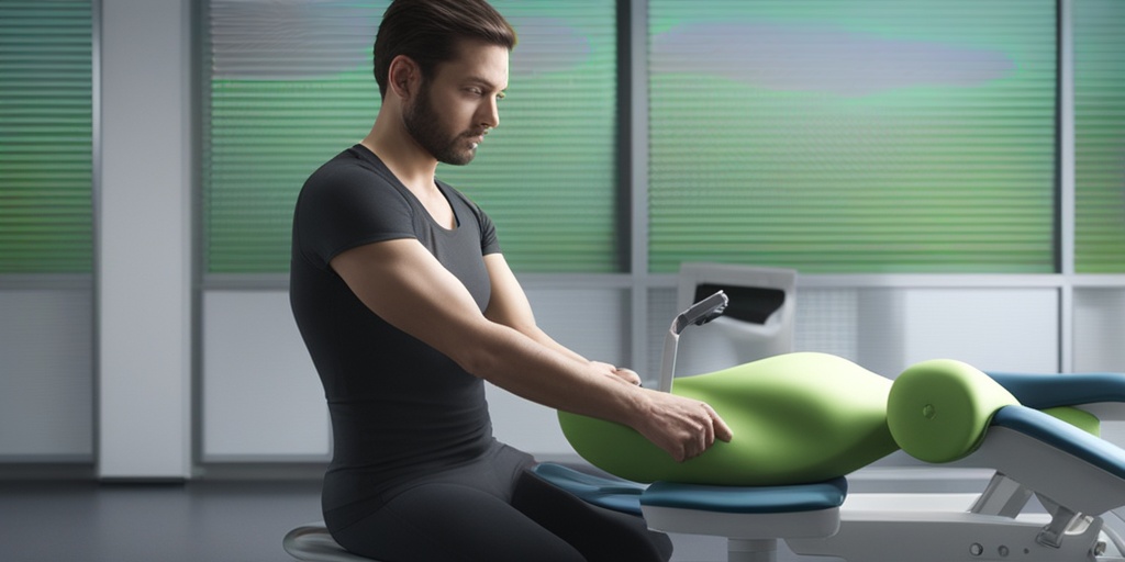 Person receiving physical therapy for rotator cuff disorder treatment in green background