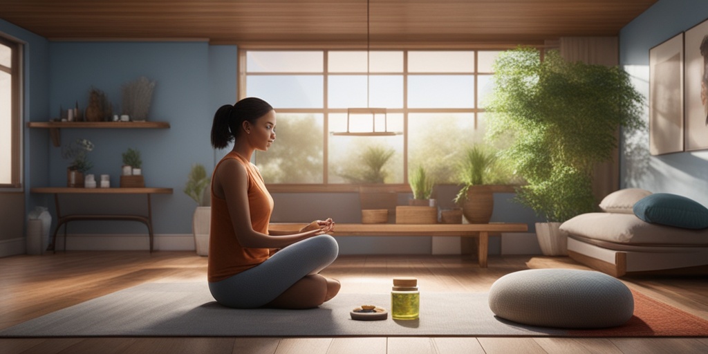 Person sits in peaceful environment, surrounded by alternative pain relief props, exuding relaxation and calmness.