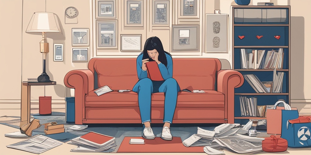 Person sits on couch surrounded by scattered objects, panicked face, and symbols of anxiety.