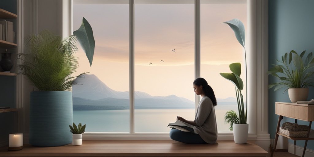 Person sitting in a peaceful environment with calming objects and soothing landscape.