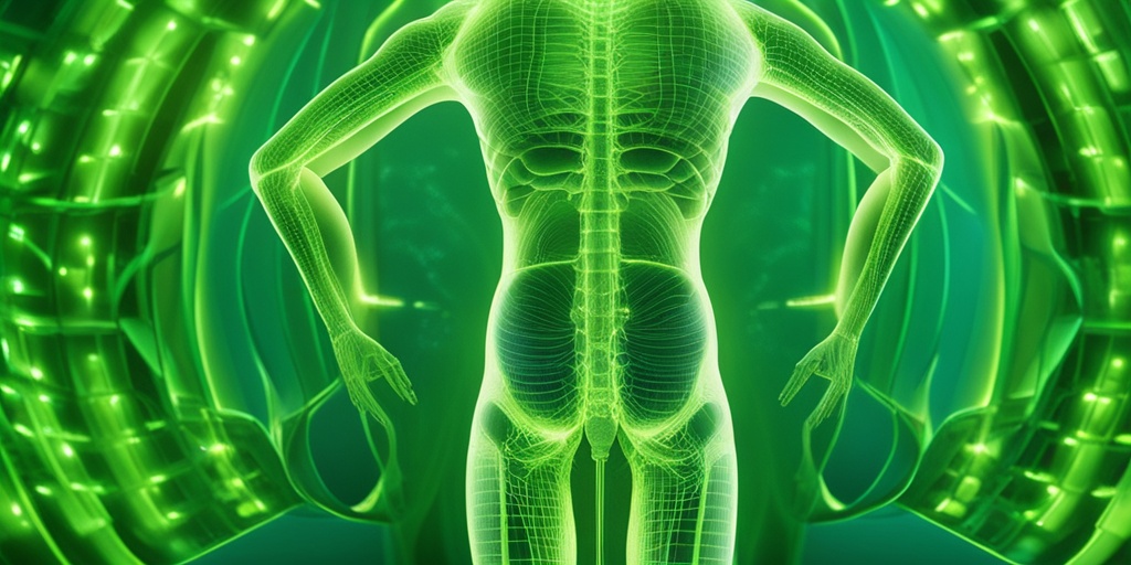 Person surrounded by risk factors for Short Bowel Syndrome with a green background and subtle blue hints.