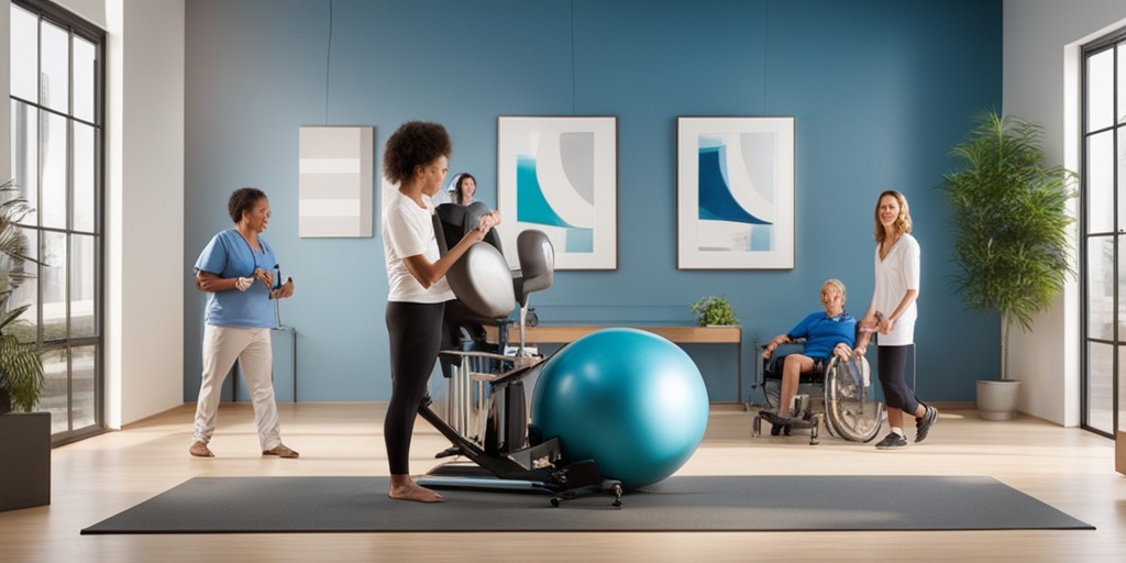 Person with ALS engages in physical therapy with healthcare professionals in rehabilitation center.