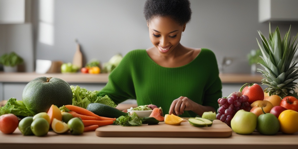 Person with PKU prepares a healthy meal with fruits and low-protein alternatives in a green background.