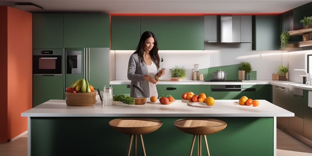 Person with Type 1 Diabetes checking glucose levels and injecting insulin in a modern kitchen.