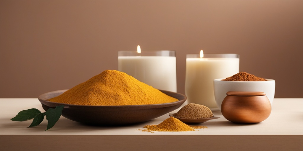 Person with vitiligo surrounded by home remedies like turmeric, ginger, and copper-rich foods on a warm, earthy background.