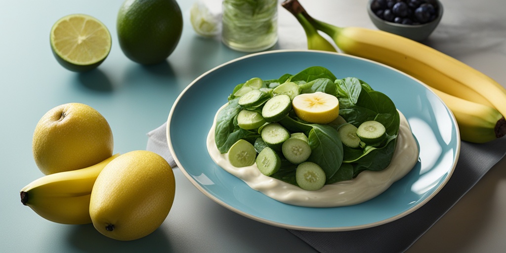 Plate of potassium-restricted foods such as bananas, avocados, and spinach on a healthy background.