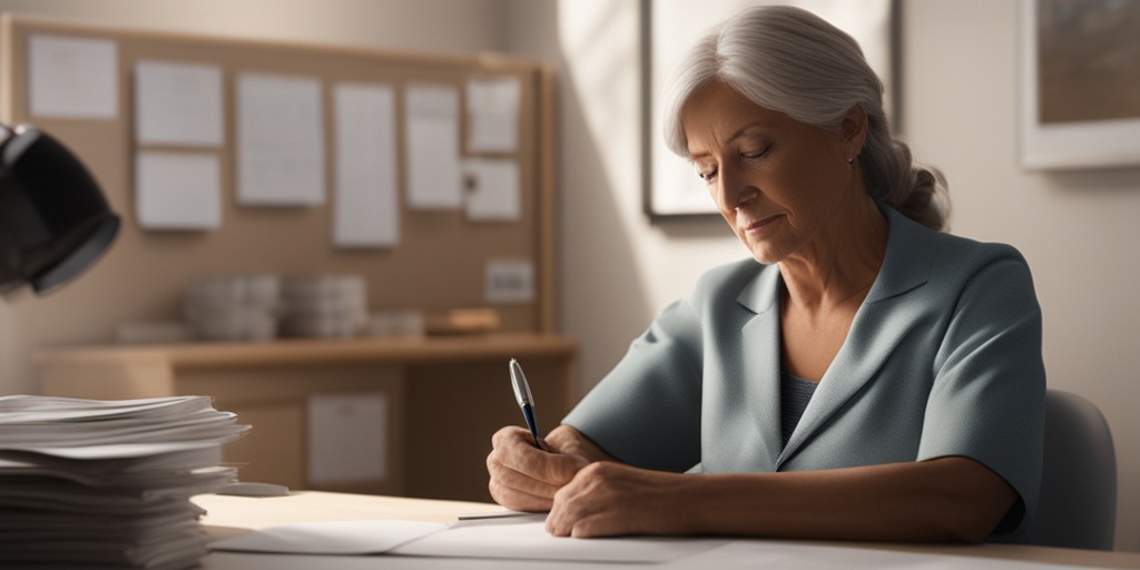 Postmenopausal woman experiencing uterine bleeding in a doctor's office with a concerned expression.