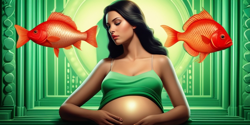 Pregnant woman holds plate with fish, some marked with warning symbols, surrounded by subtle green glow, conveying concern.