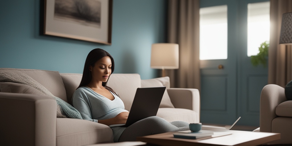 Pregnant woman in her 20s sitting in a cozy living room looking at a prenatal screening schedule on a tablet.