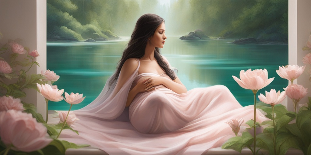 Pregnant woman in peaceful environment, surrounded by calming elements and subtle medical monitoring representations, symbolizing hope and resilience.