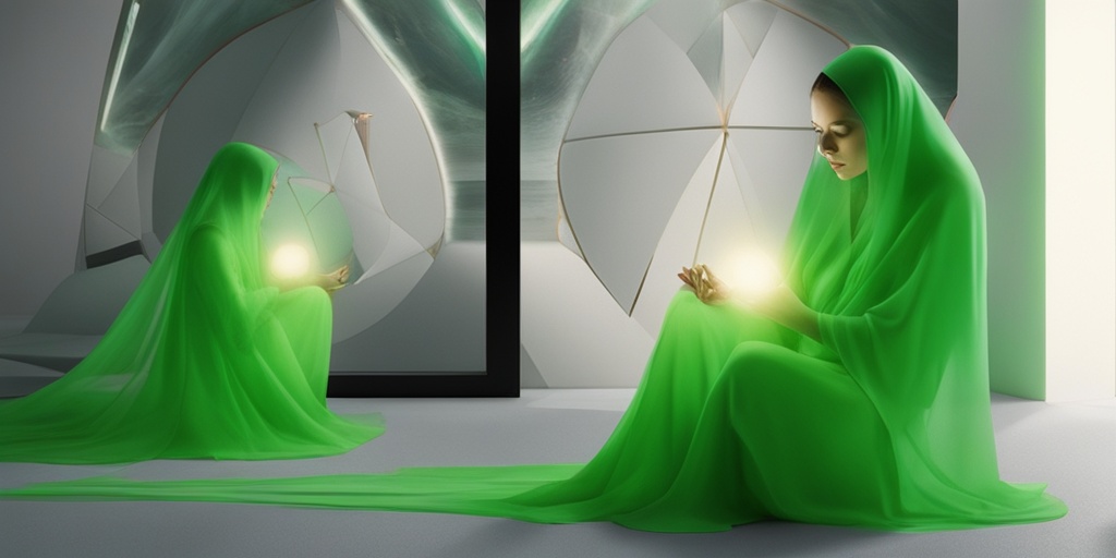 Pregnant woman surrounded by abstract representations of TTTS risk factors, with a glowing green aura symbolizing connection.