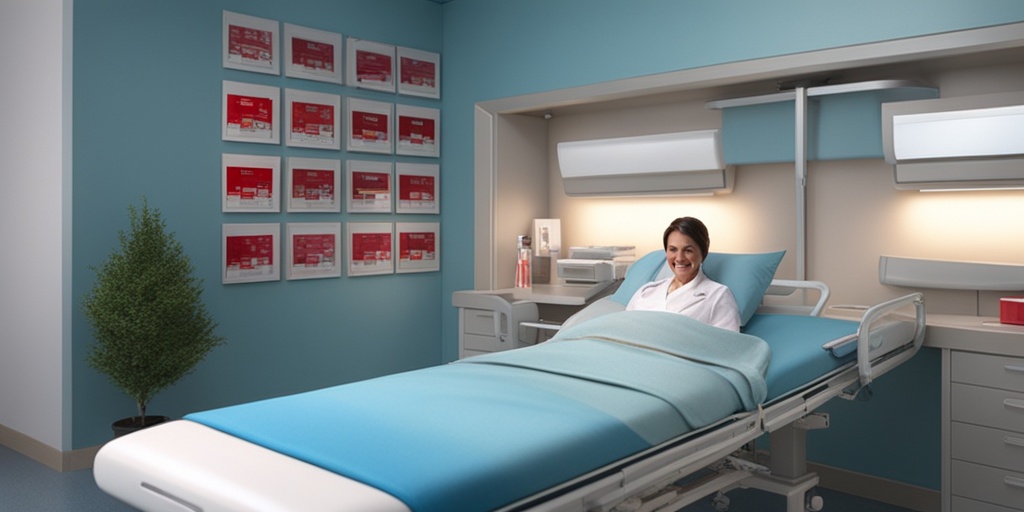 Smiling patient sits in hospital bed surrounded by get-well cards and flowers with subtle blue background.