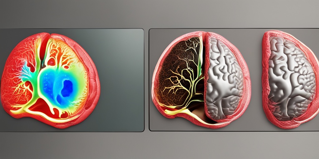 Split-screen comparison of healthy brain and one affected by mercury poisoning, with cinematic lighting effect.